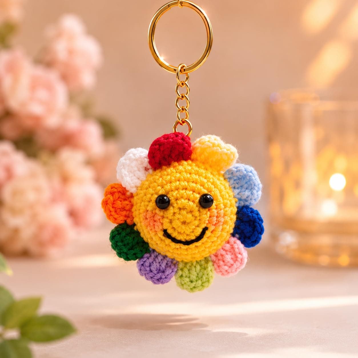 VARIQ Handmade Crochet Sunflower Keychain for Women & Girls, Cute Yellow Flower Key Ring Charm, Soft Yarn Knitted Gift, Bag Charm, Car Key Holder, Aesthetic Handmade Floral Accessory (Smily)