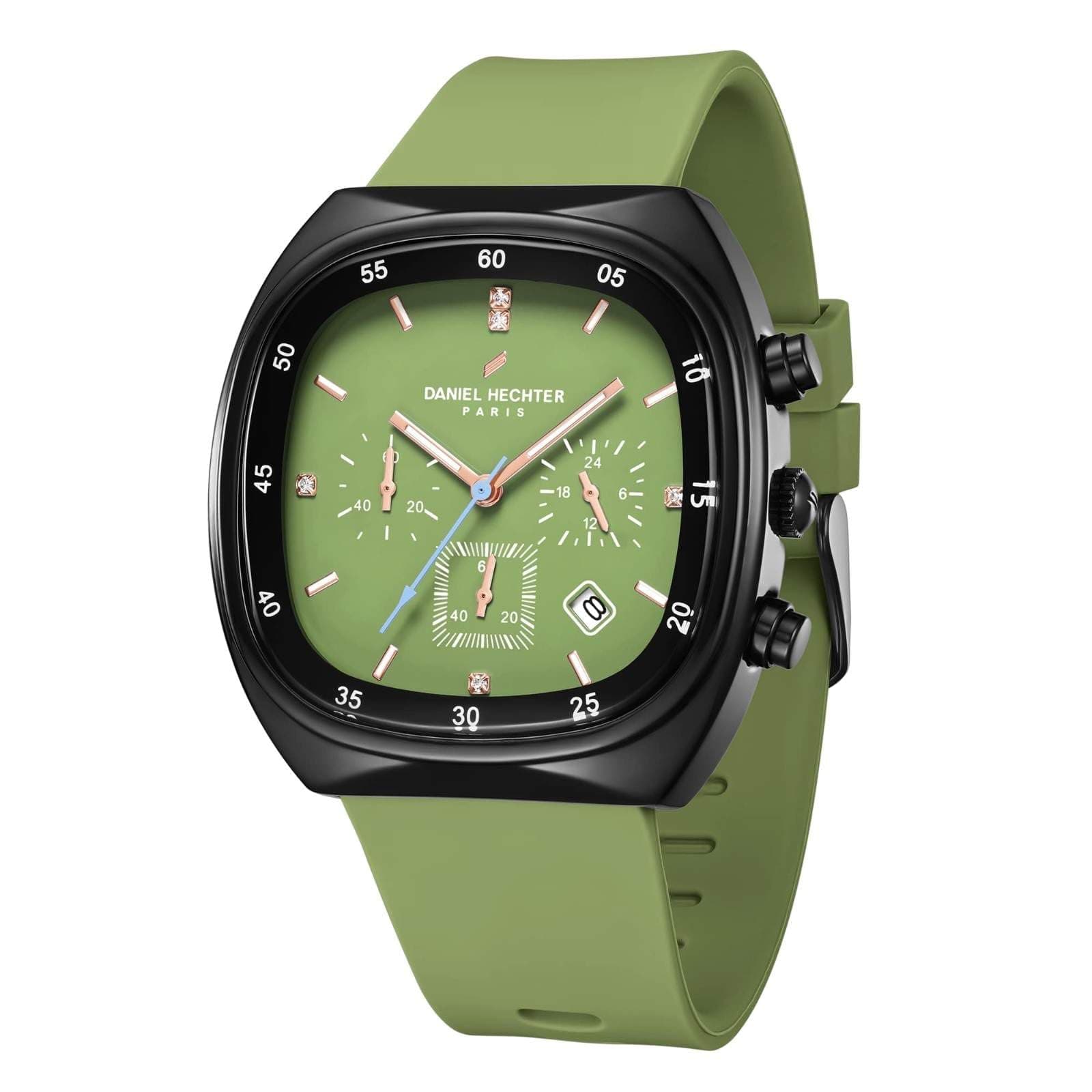 Daniel Hechter Paris Bercy Collection Modern Multi Functional Watch for Men with Square Dial and Silicon Band-DHM1001 (Dial: Black Strap: Green)