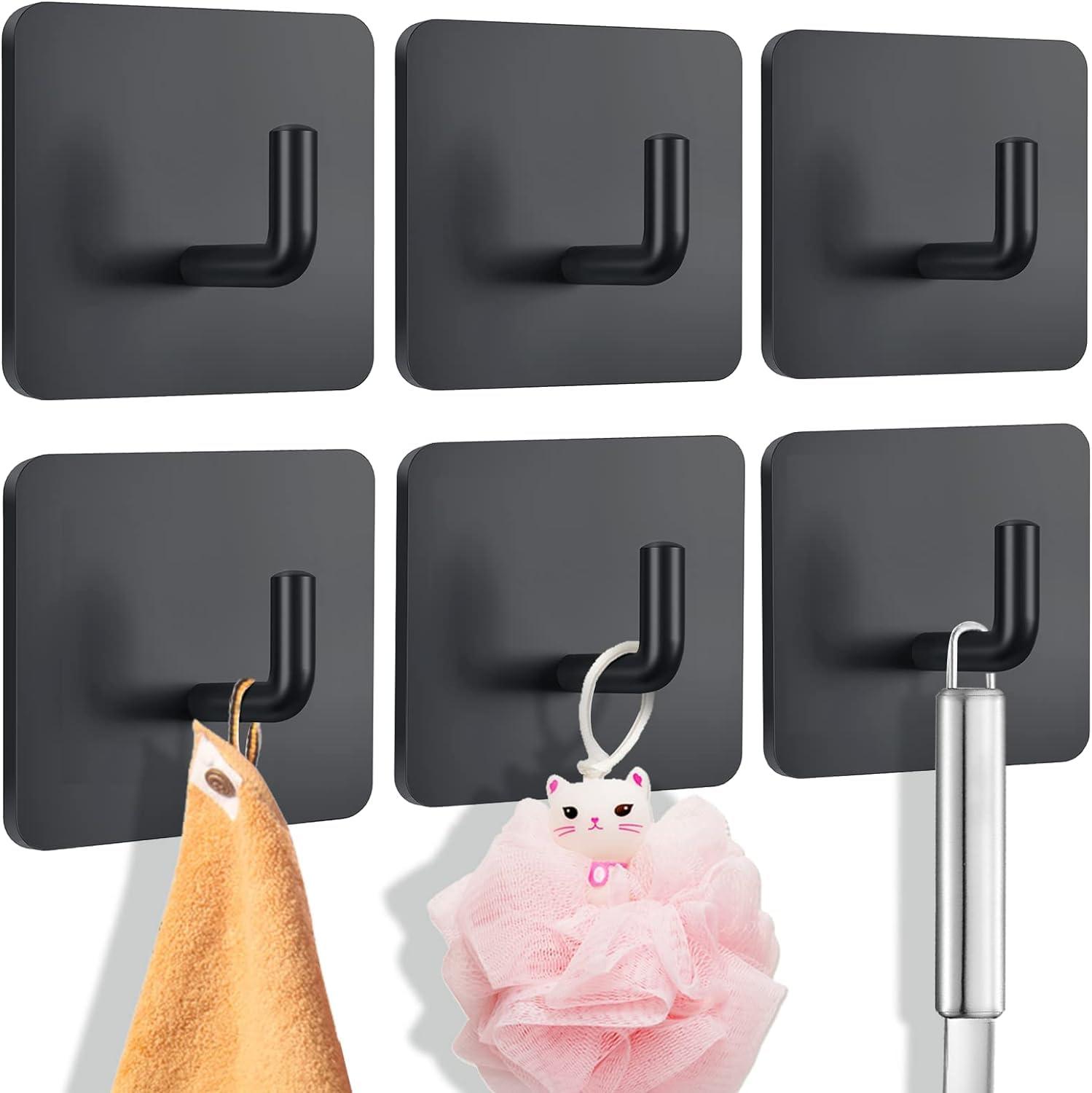JIALTO 6 PCS Self Adhesive Hooks/Wall Hangings Hook/Waterproof Stainless Steel Hooks for Wall Without Drilling Heavy Duty Bathroom Kitchen Towel Wall Hooks for Hanging Strong Coat (J Hook Black)