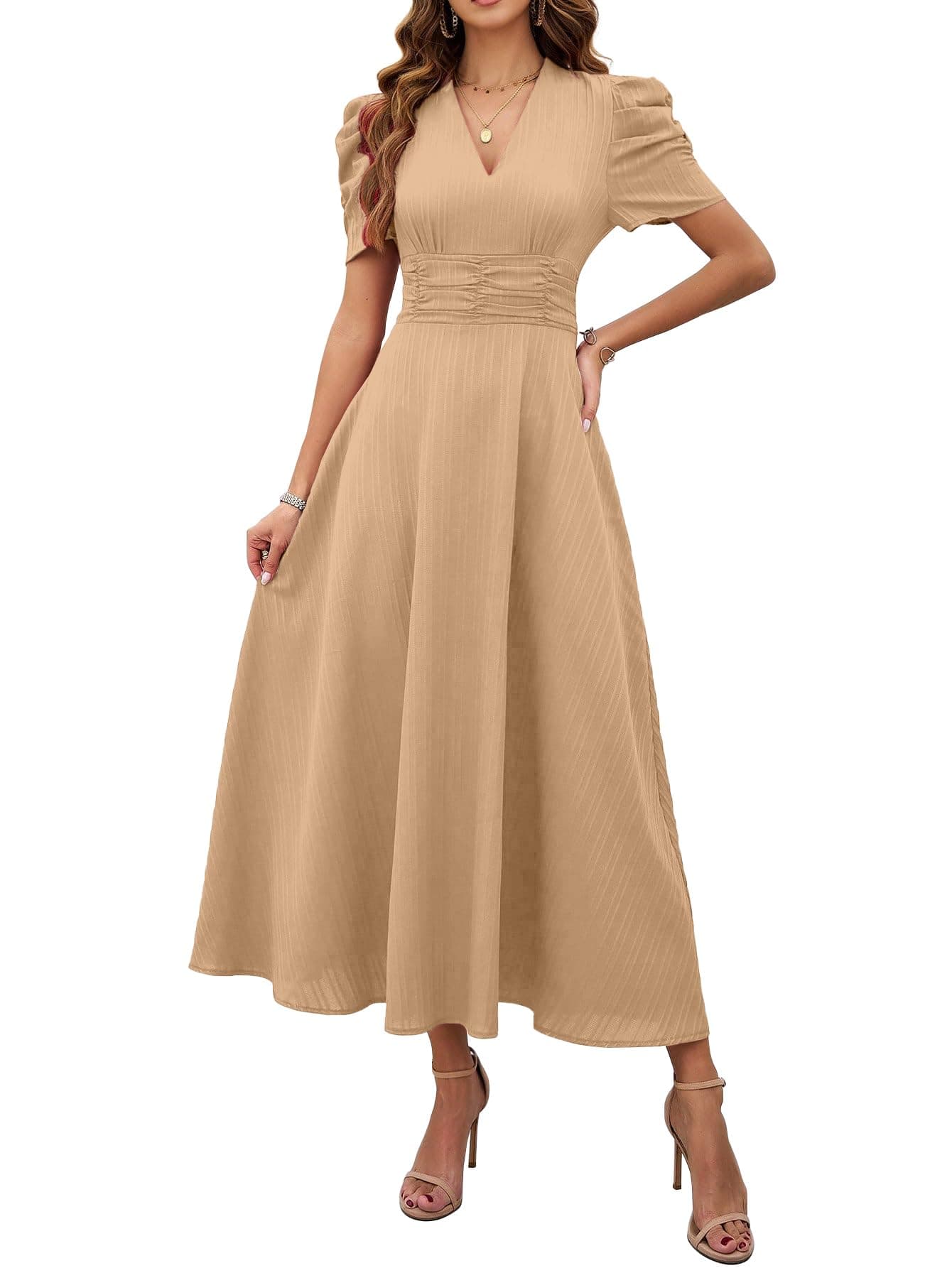 Shasmi Girl's & Women's Skin Solid Color V-Neck A-Line Maxi Dress for Women | New Year Party Outfit | Waist Cinched Puff Sleeve Western Dress | Elegant Casual Wear (Dress 246 Skin-L)