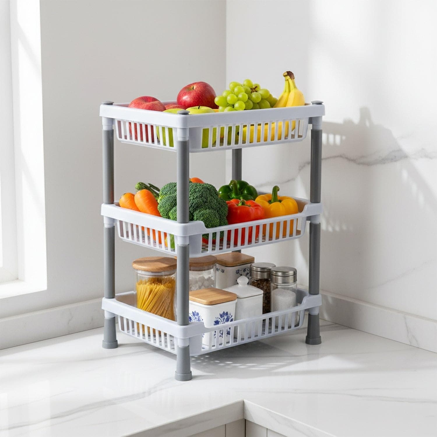 Copelle 3-Layer Kitchen Rack Stand/Multipurpose Rack for Storage/Vegetable Stand for Kitchen Storage Rack/Durable Kitchen Racks for Storage (Grey)