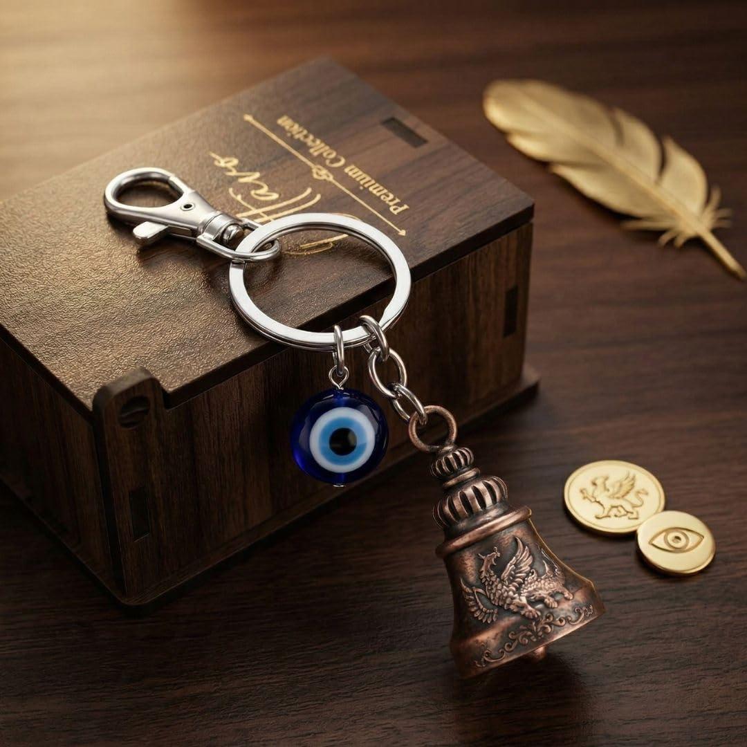 OTTAVO Premium Guardian Bell Keychain for Bike & Car | Tibetan Texture Bell Keychain with Evil Eye & Silver Hook | Good Luck Charm with Laser-Engraved Wooden Gift Box (Antique Bronze)
