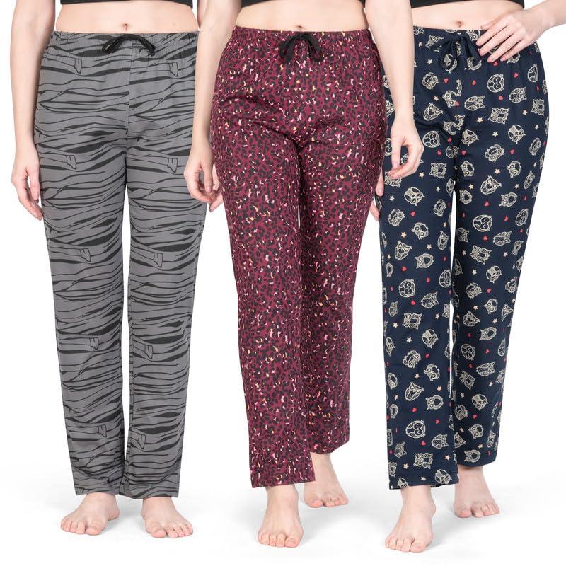 Real Basics Women Cotton Printed Pyjama Set of 3 (RB-W-PJ-3XL-P3-Gry_Red_Blu-N)