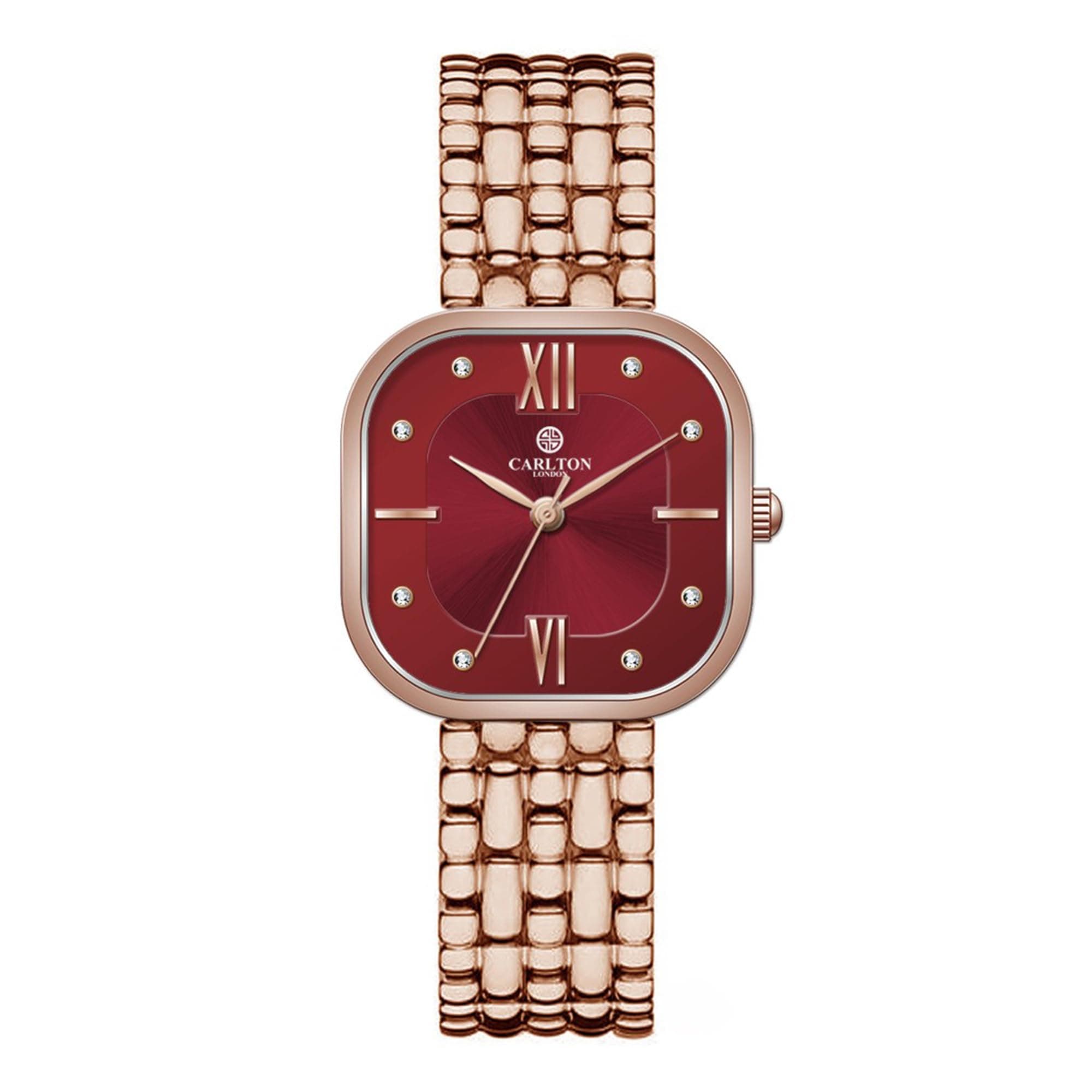 Carlton London Chelsea Women Analog Watch, Square Dial, Stainless Steel Strap, Quartz Movement, Red Dial, Rose Gold Strap, Stylish Design, 30M Water Resistant | CLSSCRED