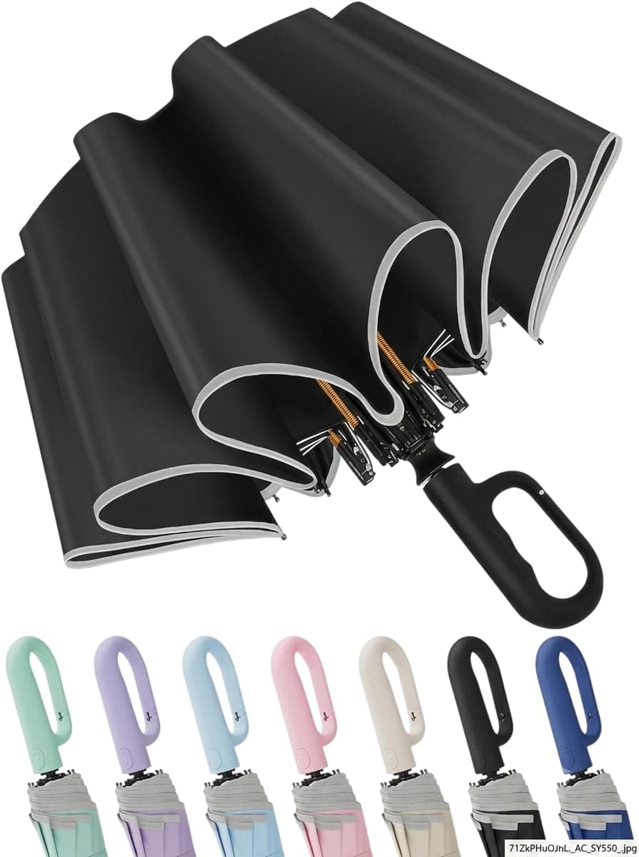SUBEKYU Windproof Travel Umbrella with Automatic Open & Close | Strong Metal Rain Umbrella for Men & Women | anti-slip grip Holder with Wall Mount Hanging & Foldable (Black)