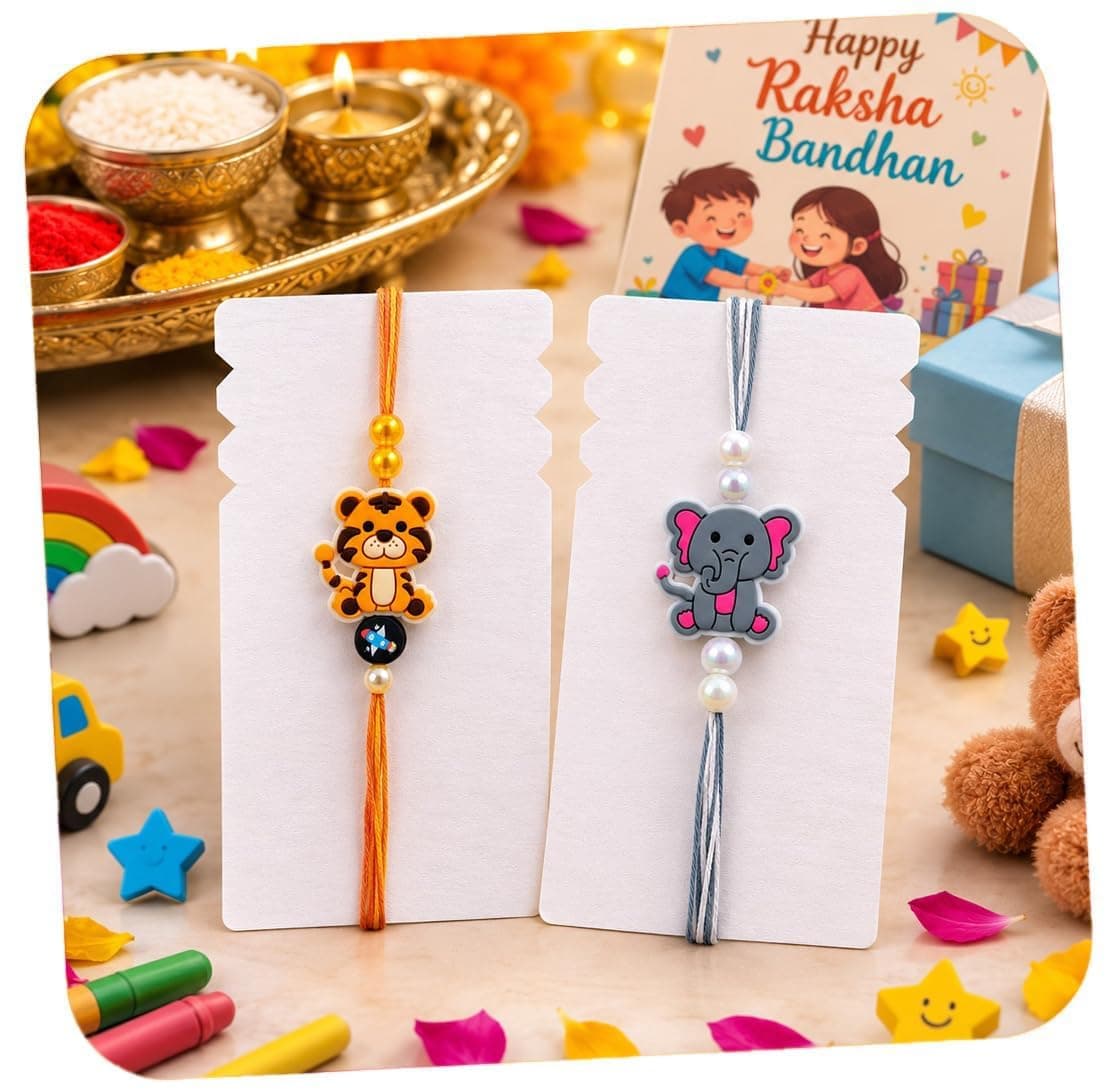 CraftVatika Kids Rakhi Set for Brother, Rakhi Set of 2 for Boys Girls, Elephant Cartoon Designer rakhis for Children Toddlers, Rakshabandhan Combo with Wishes Card Tilakk, Rakhies for Child Kids