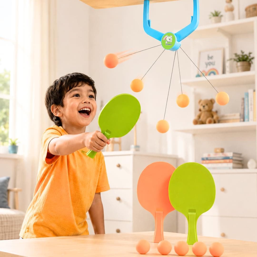 Storio Hanging Table Tennis Trainer, Door Mounted Ping Pong Training Set with 2 Rackets and 5 Balls, Indoor Reflex Training Toy for Boys and Girls Age 5-14 Years