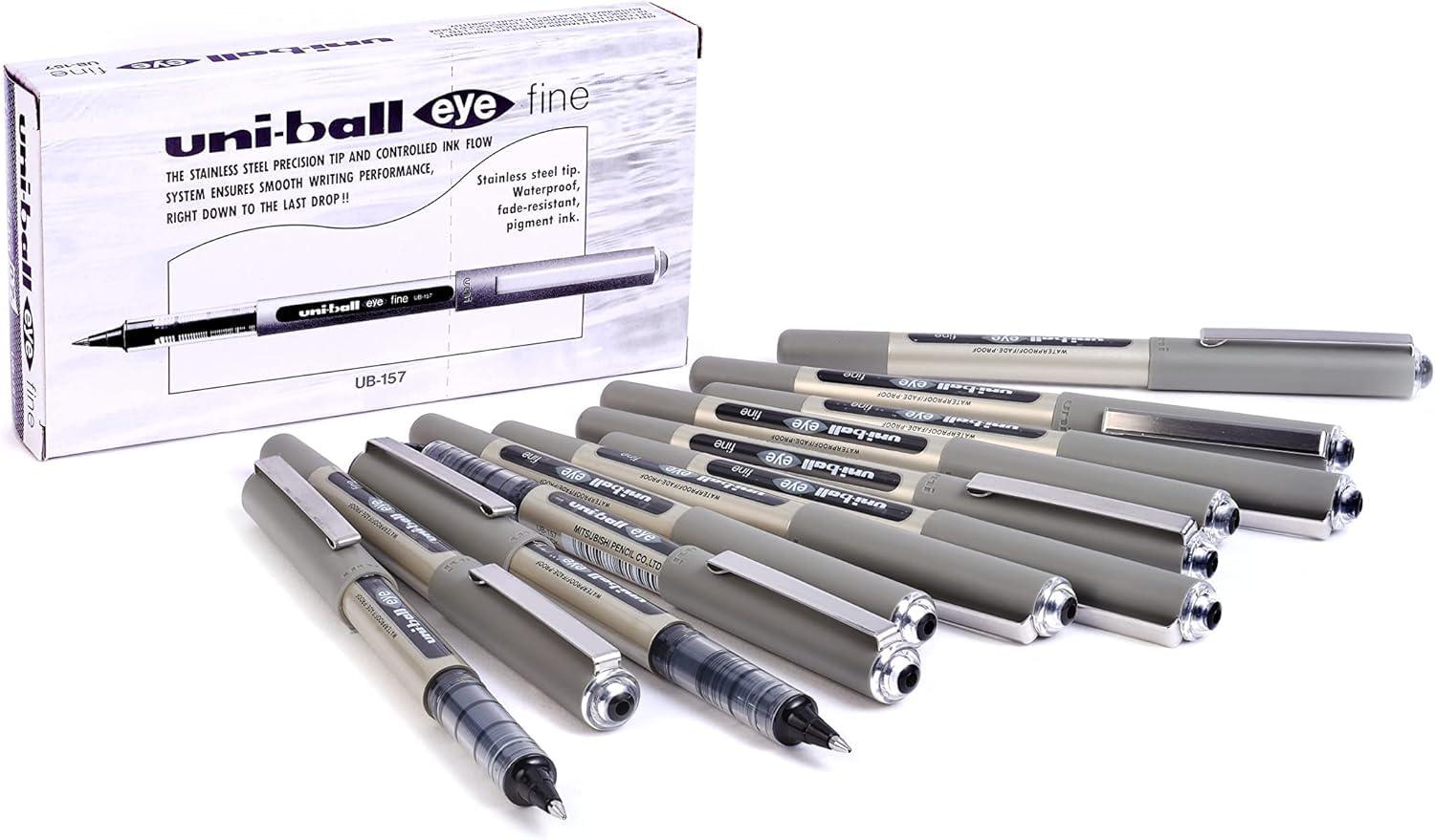 uni-ball Eye UB157 0.7 mm Roller Ball Pens, Black Ink, Pack of 12