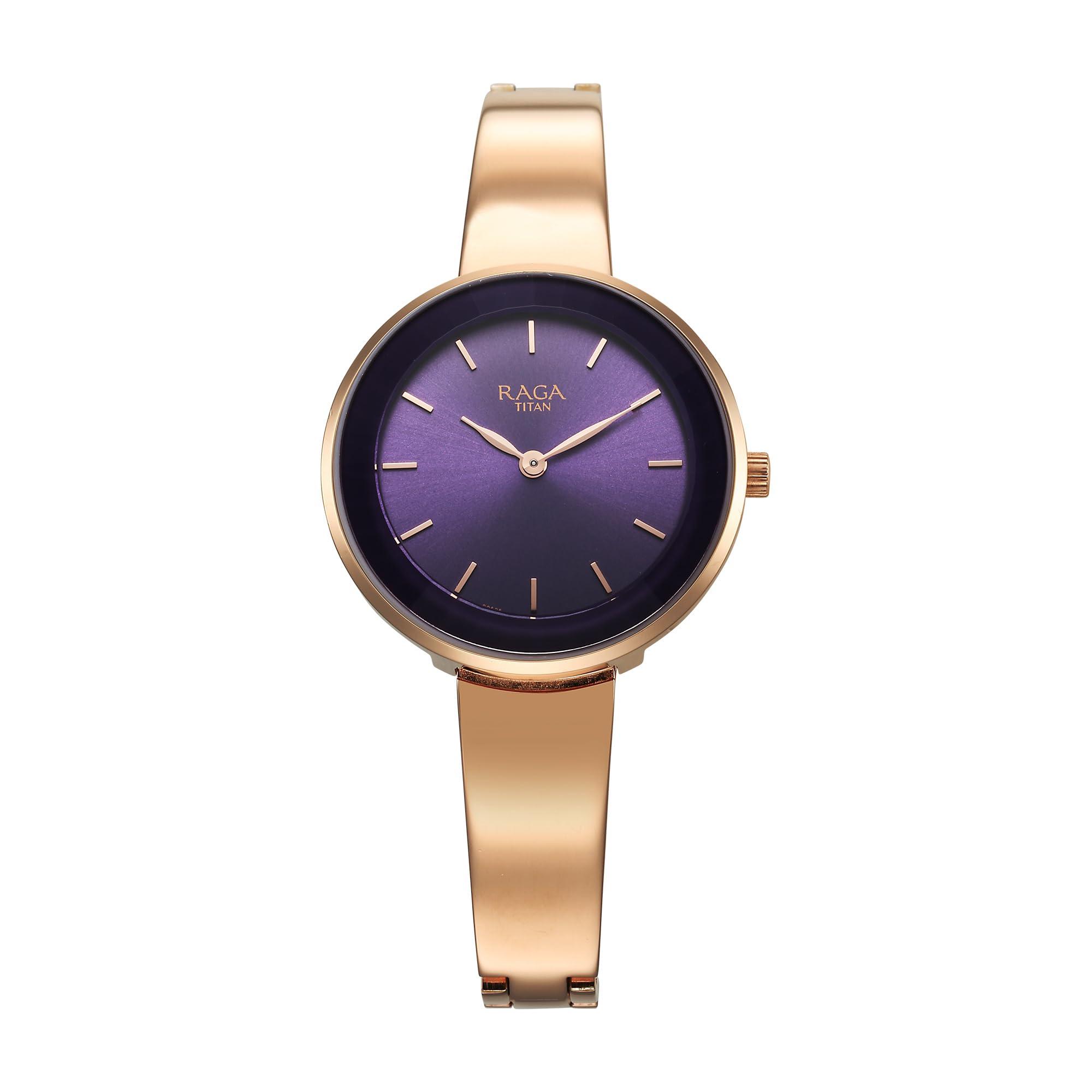 Titan Raga Showstopper Quartz Analog Purple Dial Rose Gold Metal Strap Watch for Women - NT95276WM01