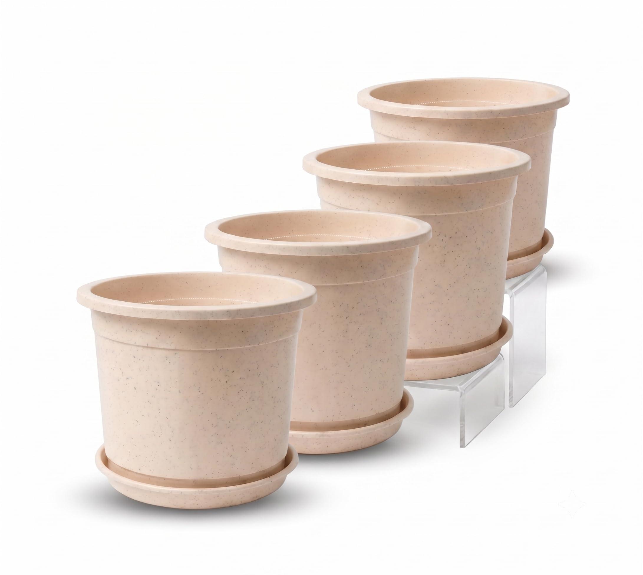 KORREL SEEDS 12 Inch Glossy Plastic Planter with Bottom Plate | Heavy Duty Flower Pot with Tray for Indoor Home Decor, Balcony, Living Room & Outdoor Garden (4 Pot, Blush Pink Sparkle)