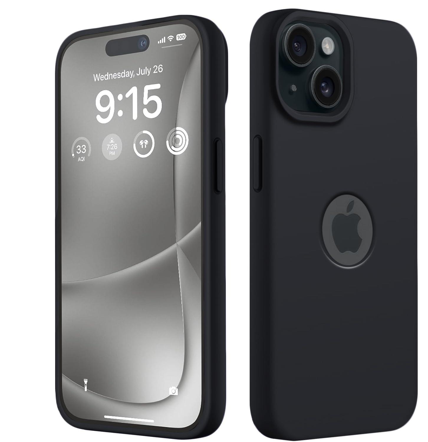 Elzzi Microfiber Logo Cut Cover Compatible for iPhone 15 Case Liquid Silicone Covers Shockproof Back Cover with High Raised Camera Lips - Black