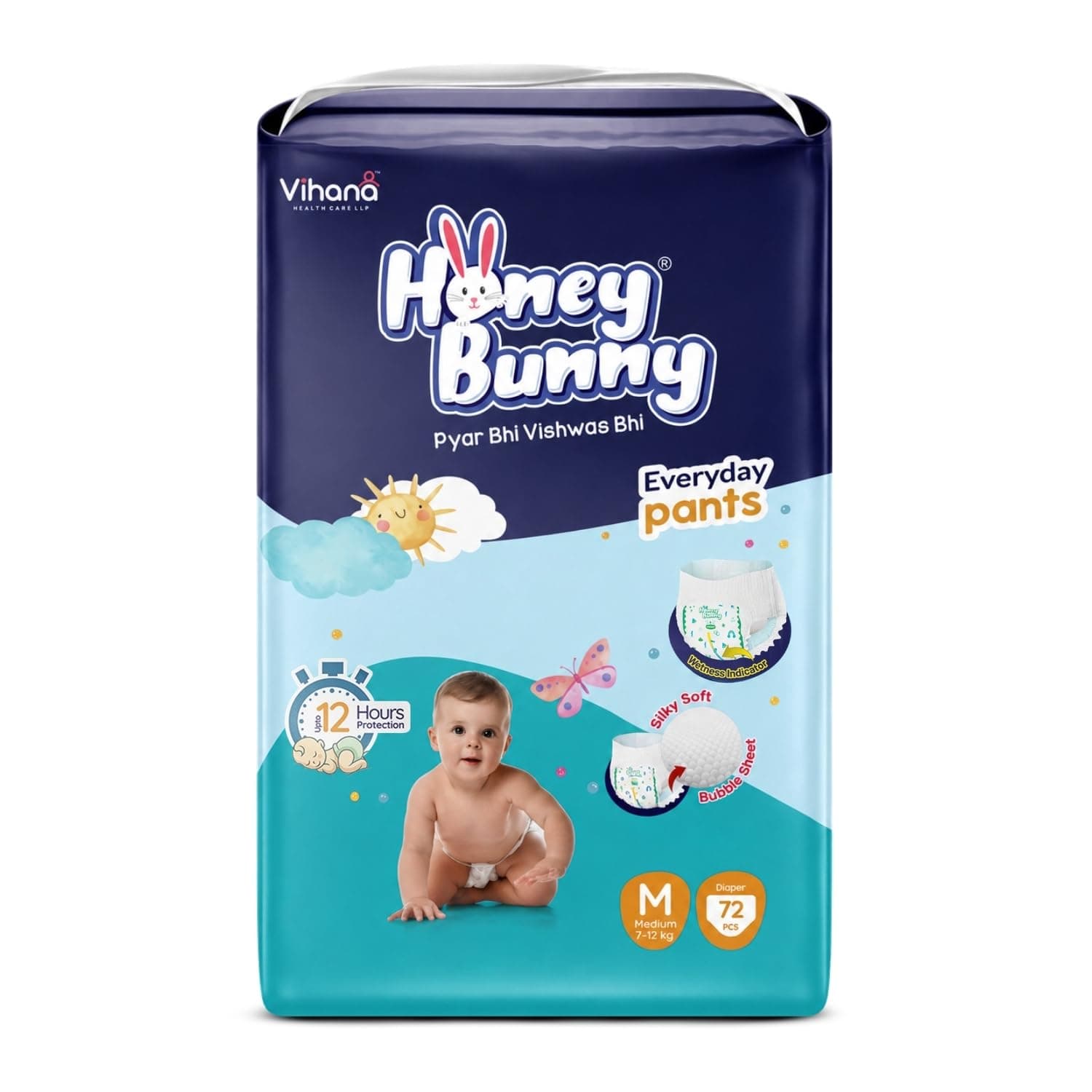 Honey Bunny Everyday Baby Diapers Pants | Medium (M), 72 Count, 7-12 kg | Silky Soft on Skin, Bubble Layer | 12 Hours Protection Baby Diaper