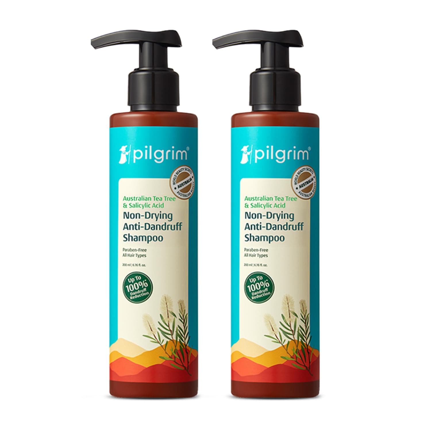 Pilgrim Australian Tea Tree Non-Drying Anti-Dandruff Shampoo 200 ml (Pack of 2) | Removes Dandruff from Source | Helps with Itching, Irritation | Strong & Smooth Hair | For Men & Women |