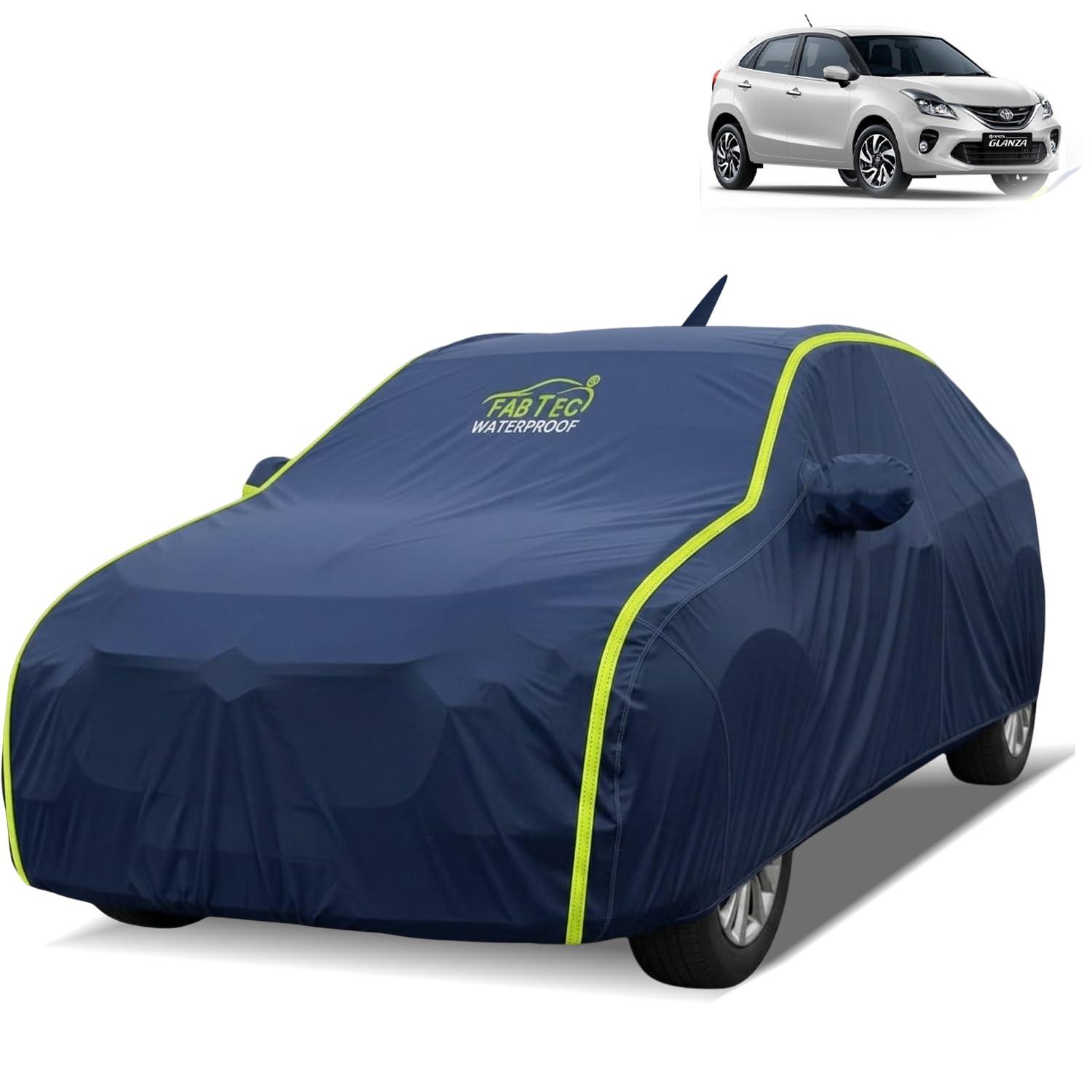 FABTEC Waterproof Car Body Cover for Toyota Glanza Outdoor/Indoor All Weather Protection with Mirror & Antenna Pocket Triple Stitched (Premium Navy Blue with Neon Piping)
