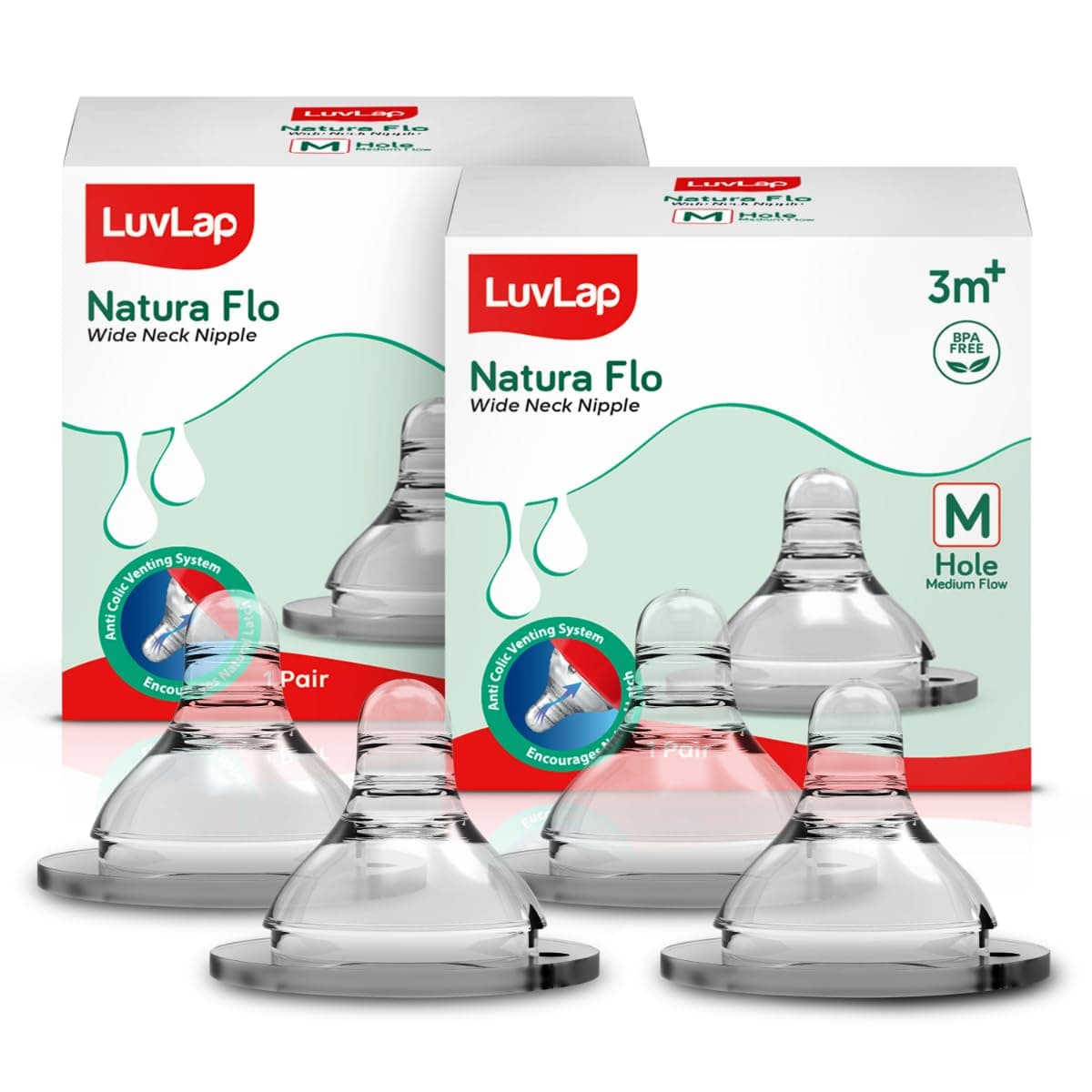 LuvLap Anti-Colic Natura Flo Teat/Nipple for Wide Neck Bottle,2Pcs Medium Flow, 3M+, Made of Soft & Flexible Silicone, Mimics Breastfeeding, Leak Proof, Bpa Free, Comes with Sturdy Base