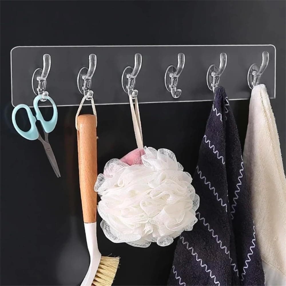 Zulaxy Plastic Wall Hanger Hooks for Hanging Clothes Home Kitchen Office Bathroom Bedroom Door, 4 Pack Self Adhesive Hanger Hooks (6 Hooks Hanger, Transparent)