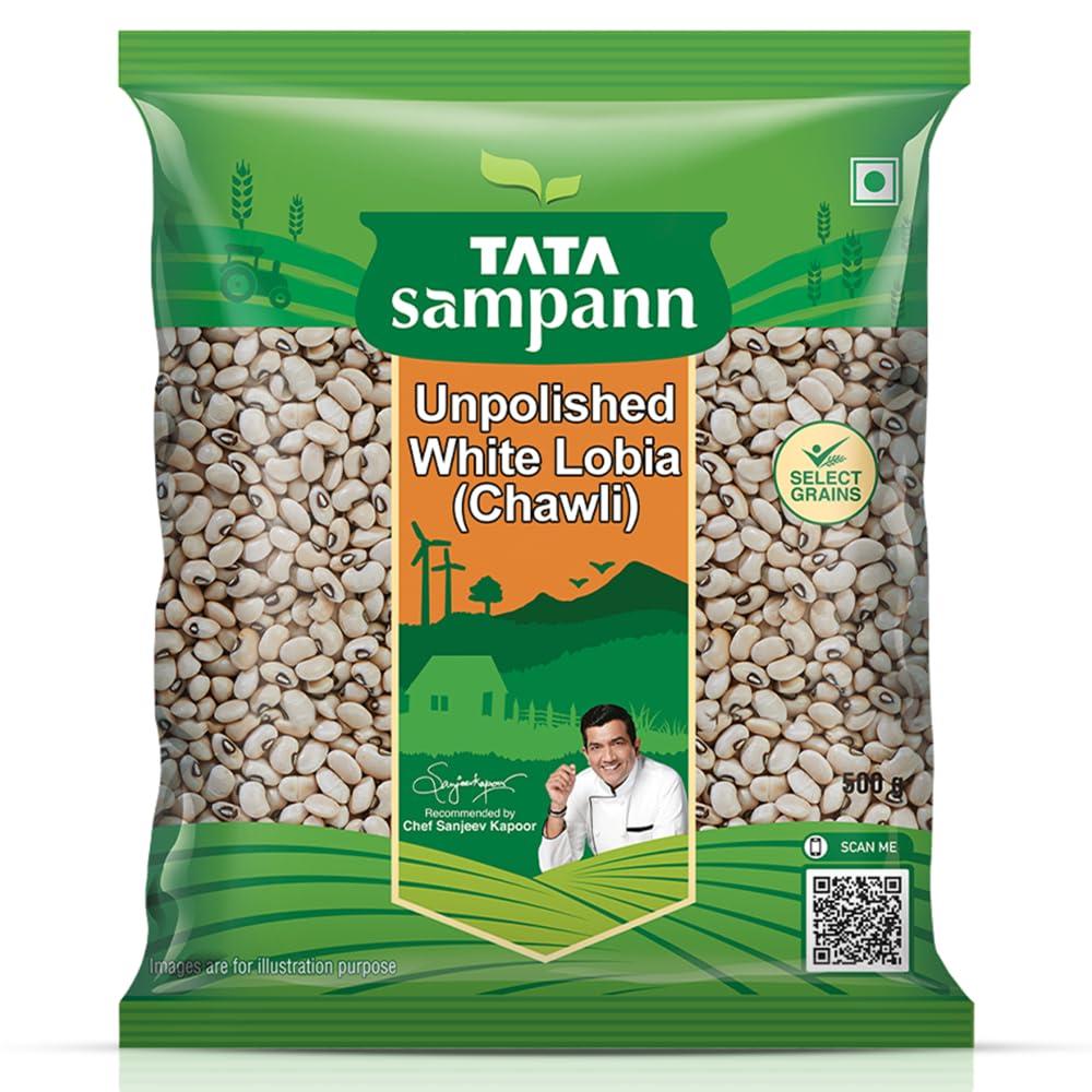 Tata Sampann Unpolished White Lobia (Chawli), 500g, Select Grains, Black Eyed Beans, Chef Recommended
