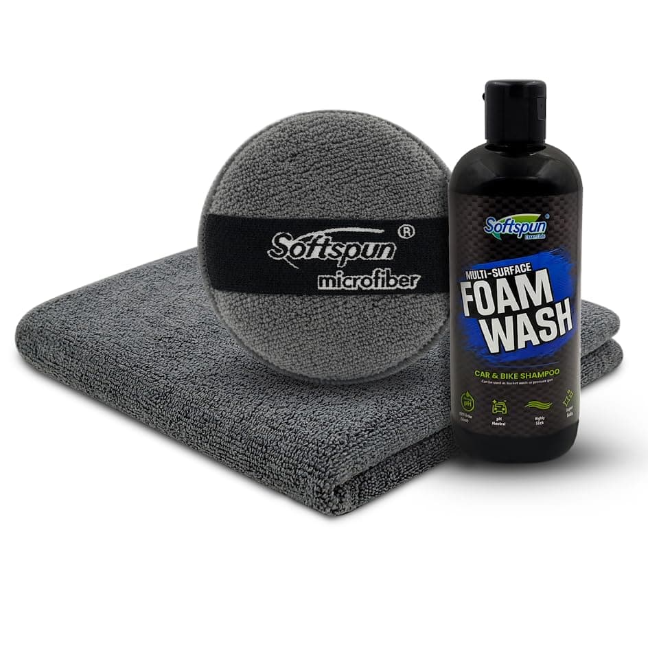 SOFTSPUN Microfiber 40X40cm 340gsm Grey & Polish Pad 340gsm 1Pcs+300mL Car & Bike Premium Liquid Shampoo Combo | Extra Suds, Removes Tough Dirt & Grime | pH Neutral | Works with Bucket, Foam & Cannon
