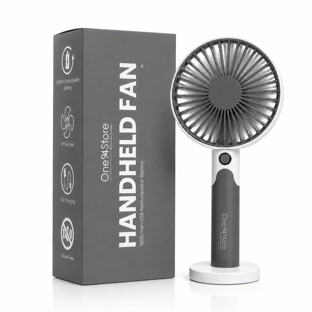 One94Store Mini Handheld Fan, USB Rechargeable with 1800mAh Battery, 6-Speed Cooling for Home Office Travel, White & Dark Grey – Portable Electric Table Fan