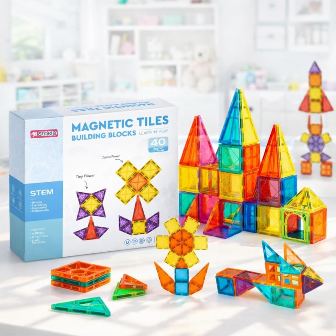 Storio 3D Magnetic Tiles Building Blocks for Kids 3-8 Years - 40 pcs | STEM Learning Educational Toy | Creative Construction Toys | Preschool Brain Development Toy | Birthday Gift for Boys & Girls