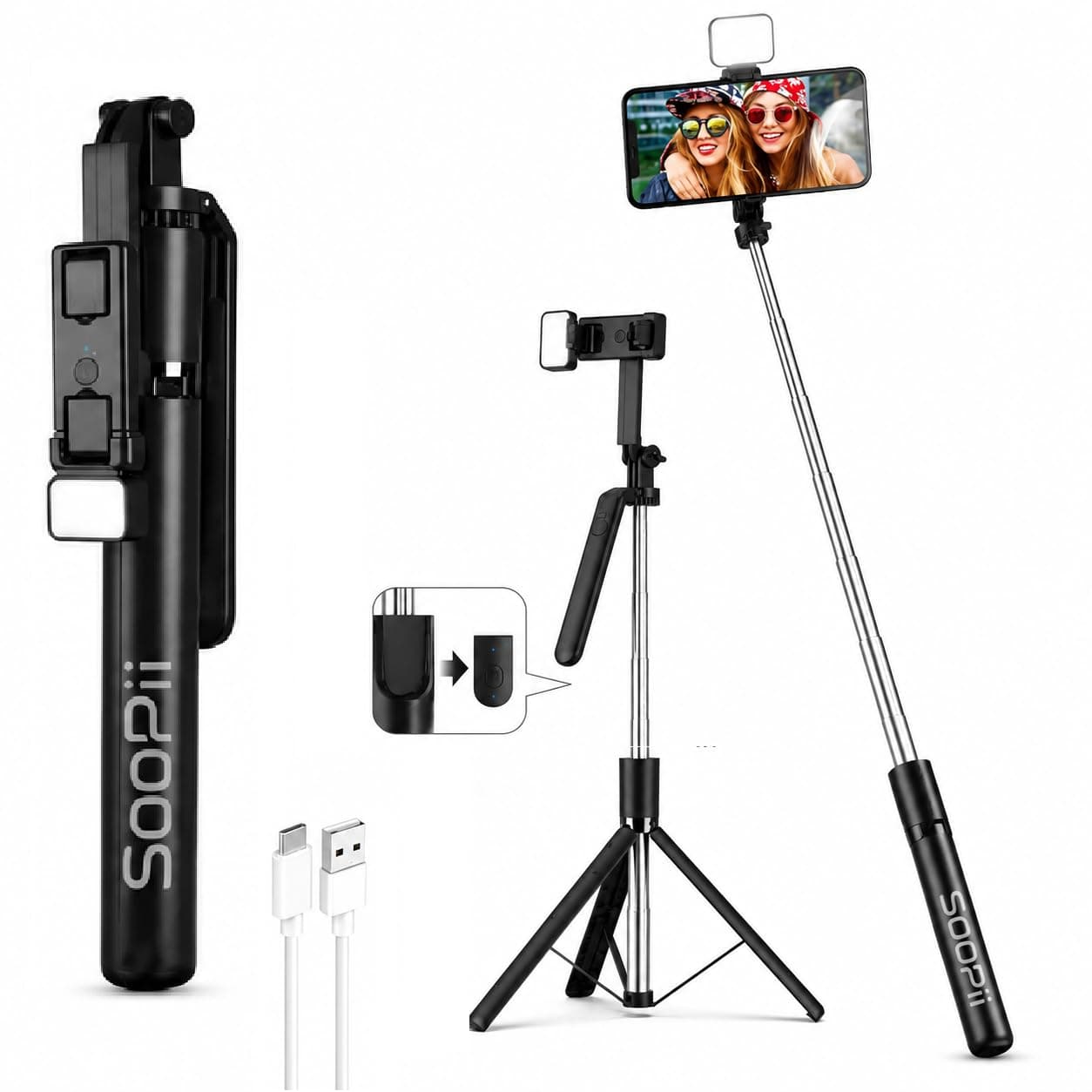 SooPii 3-in-1 Bluetooth Selfie Stick Tripod with Wireless Remote & Fill Light | Foldable & Extendable Mobile Stand for Vlogging, Reels, Zoom | Compatible with Android & iPhone Smartphones