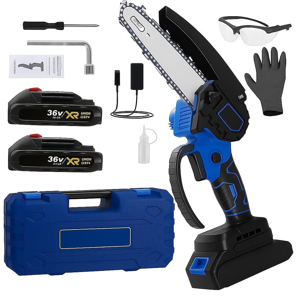 Mini Chainsaw Cordless 6 Inch Cutting Area Wide Heavy Duty Battery Powered Hand Saw gardens farms pastures Wood Working Tool Like Logging Cutting Pruning with Multicolor (Black Blue)
