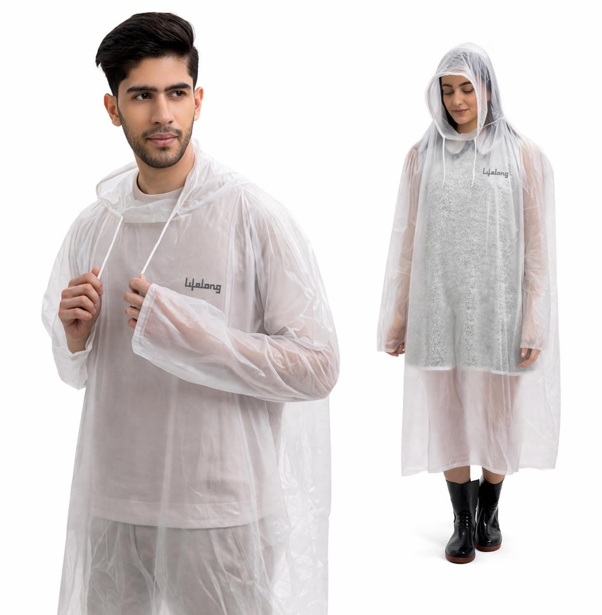 Lifelong Waterproof Unisex Raincoat | Hooded Full Sleeves Outdoor Poncho for Men, Women, Boys & Girls | Durable PVC Rainwear for Camping, Hiking, Travelling | Adjustable Drawstring |Transparent (1 Pc)