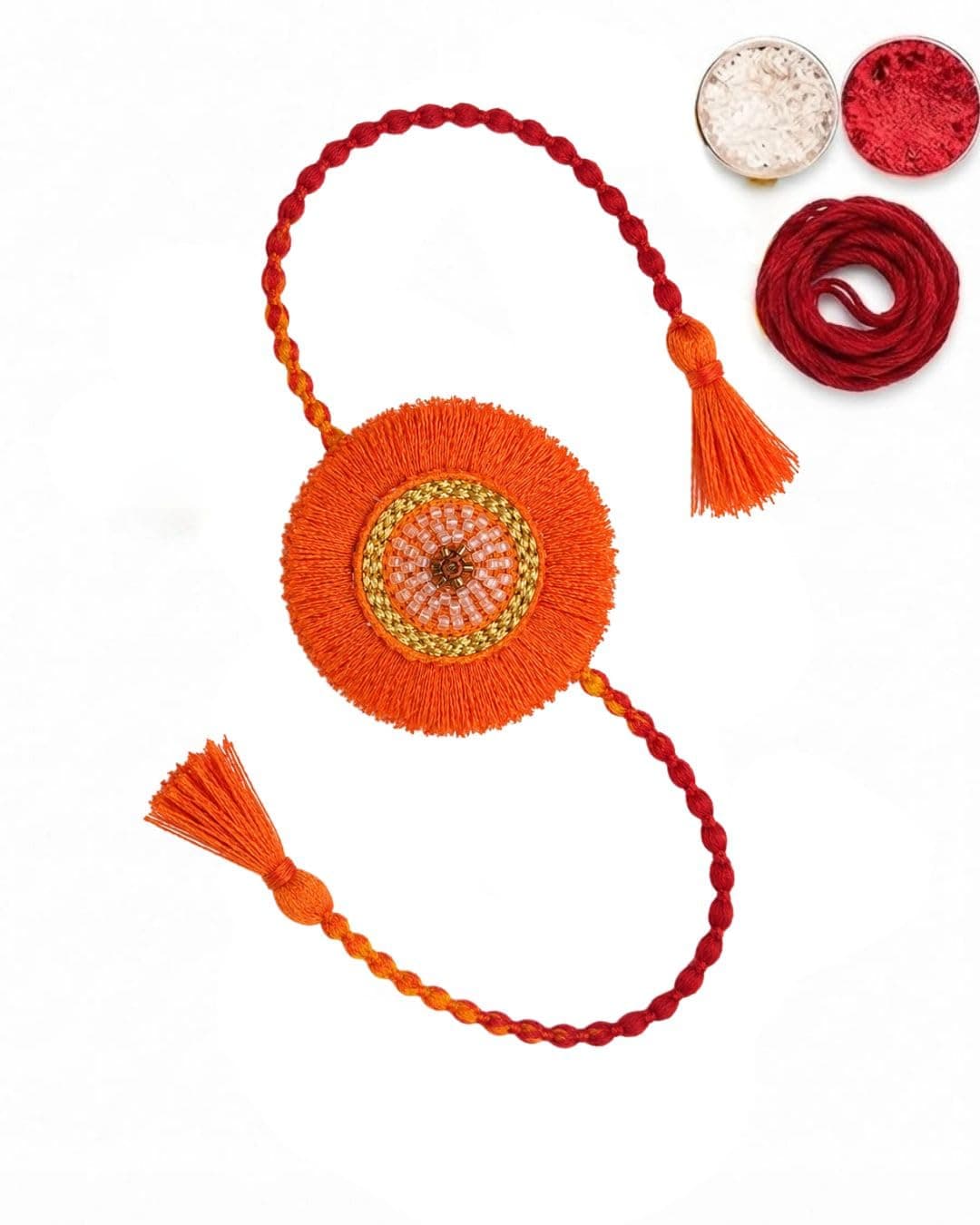 Traditional Handmade Rakhi for Brother - Embroidered Designer with Roli, Tikka, Chawal & Kalawa | Luxury Raksha Bandhan Gift (Pack of 1) (Orange_Frienge_01)