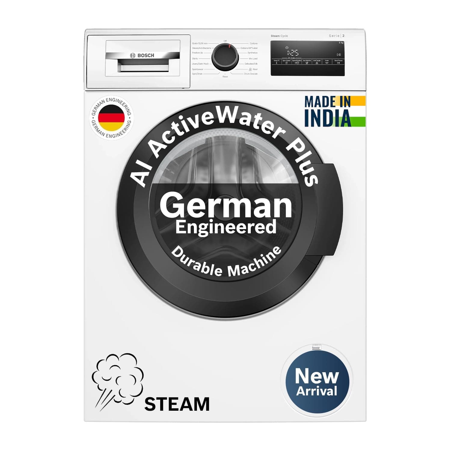 Bosch 8 kg 5 Star Front Load Fully-Automatic Washing Machine, AI ActiveWater, 15 Wash Programs, Removes 99.9% Germs with Steam, No Tangle or Wrinkle,White, WAJ28260IN