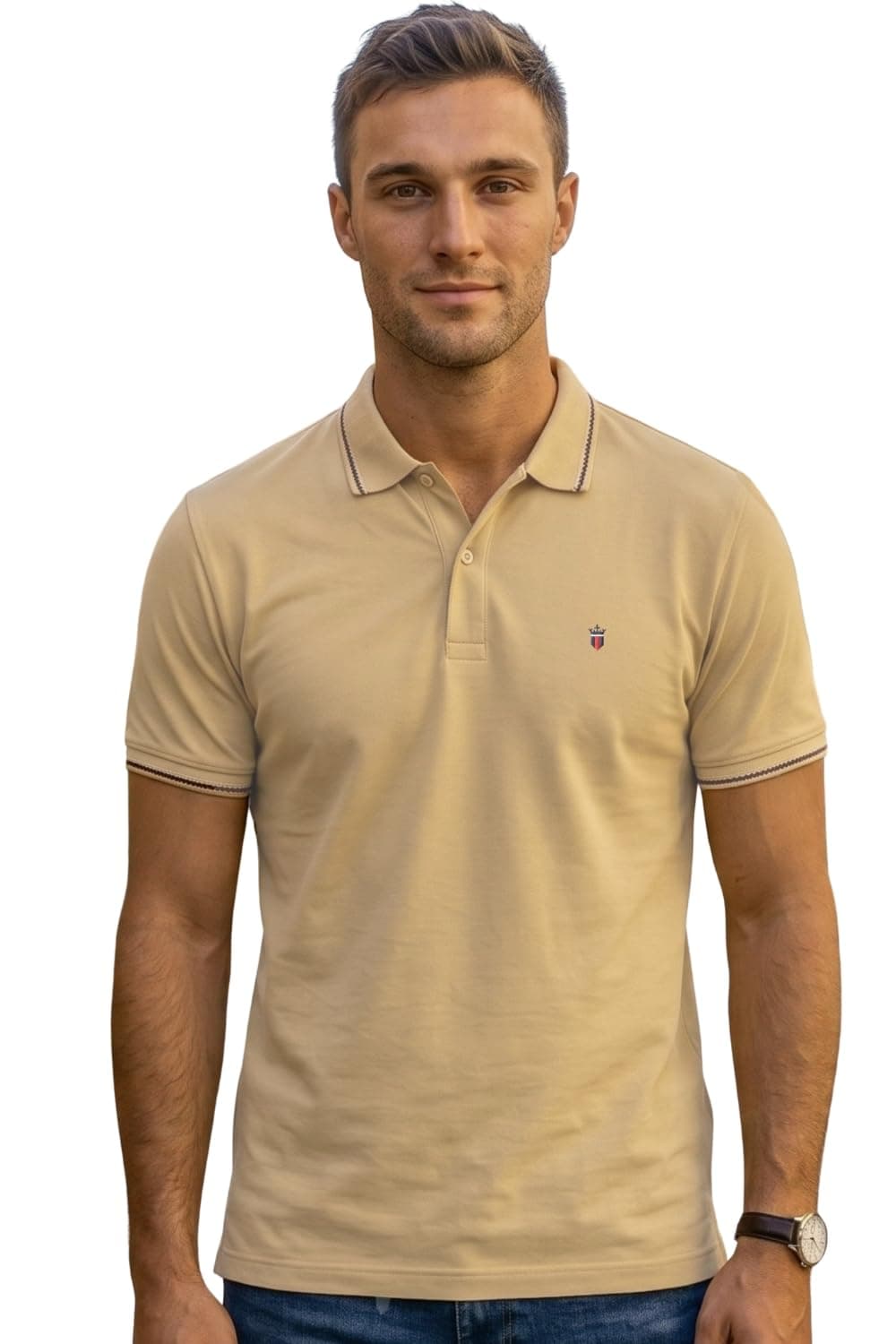 Louis Philippe Men Beige Solid Polo Neck T-Shirt