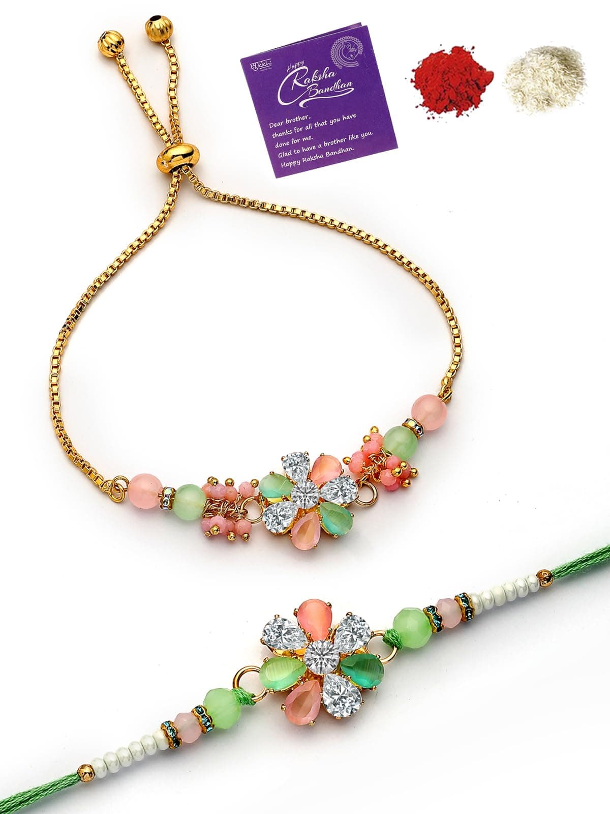 Sukkhi Rakhi Floral Design with Gold Plated Kundan Rakhi for Brother|Rakshabandhan Combo Lumba Rakhi for Bhaiya Bhabhi with Roli Chawal & Greeting Card|Set of 2|CBRAKL107460