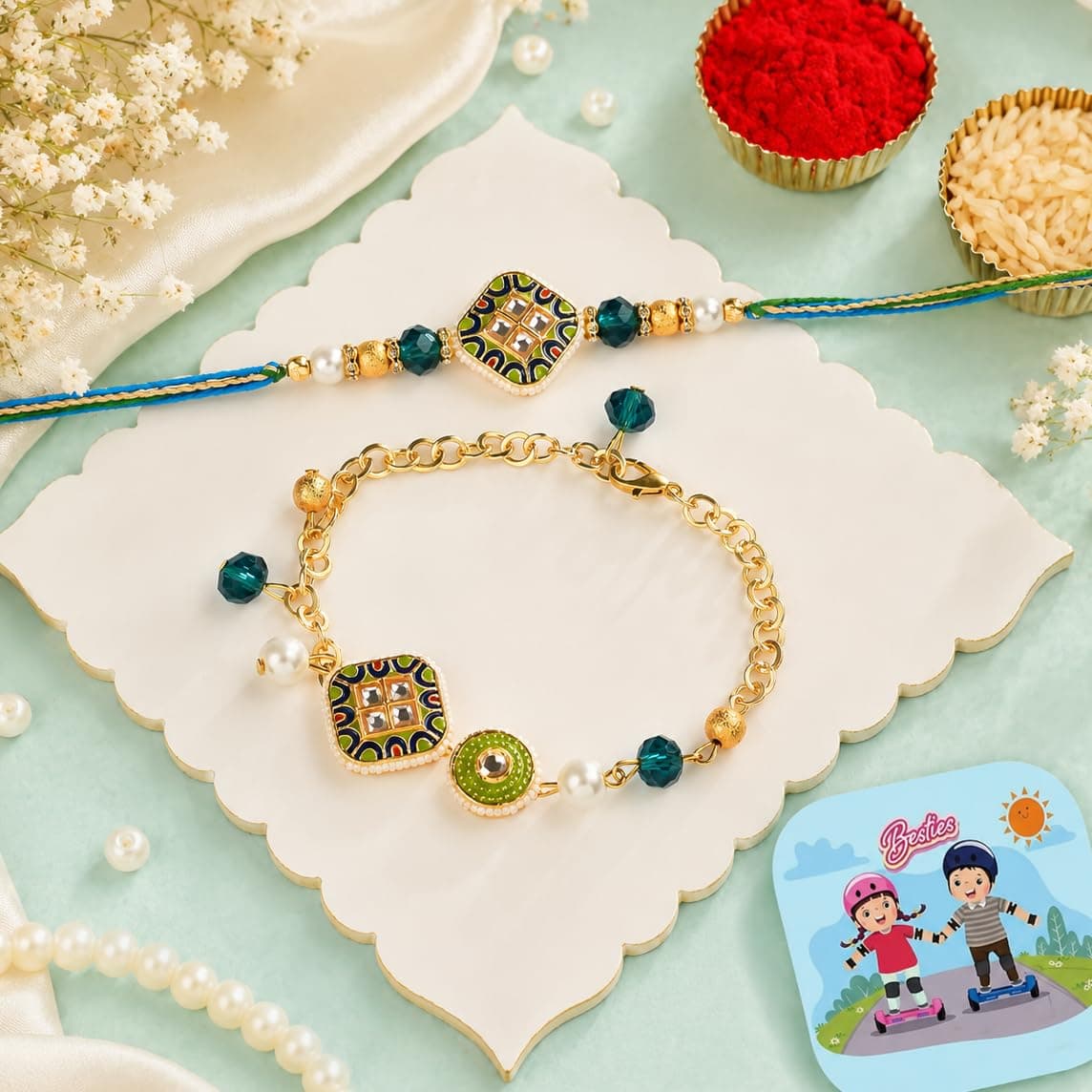 CraftVatika Rakhi Set for Brother and Bhabhi with Gift Combo, Premium Designer Bhaiya Bhabhi Rakhi Set, Kundan Rakhis for Rakshabandhan, Fridge Magnet Gift Greeting Card with Bracelet Lumba for Bhabhi