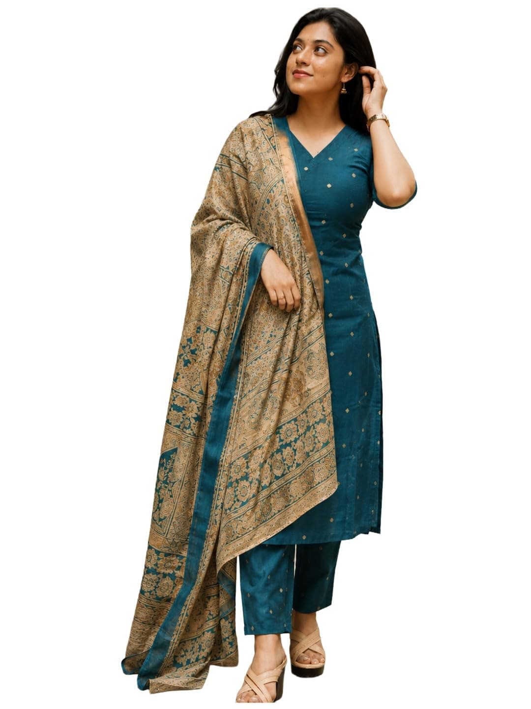 GoSriKi Women's Rayon Viscose Straight Printed Kurta with Pant & Dupatta (AHANKAR RAMA-GS-FBA_5XL_RAMA_XXXXX-Large)