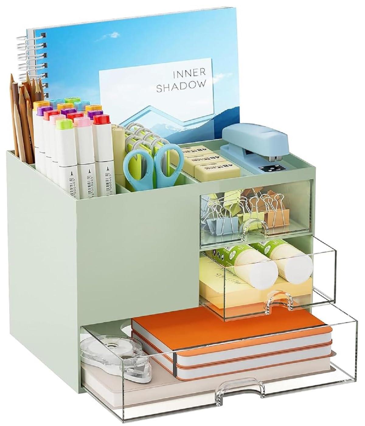 Shuttle Art Green Desk Organizer with Drawers for Study Table & Office | Multi-Functional Stationery Organizer, Table Storage Box for Students, Home, School, College | Aesthetic Desktop Organizer