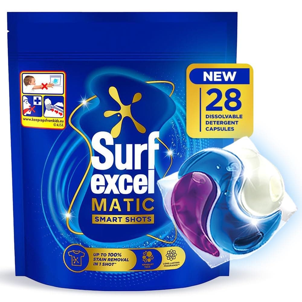 Excel 3 in 1 Smart Shots Unit Dose Liquid Detergent Pack of 28 Count for Both Front Load and Top Load Washing Machines|| (28 U x 19.9 g)