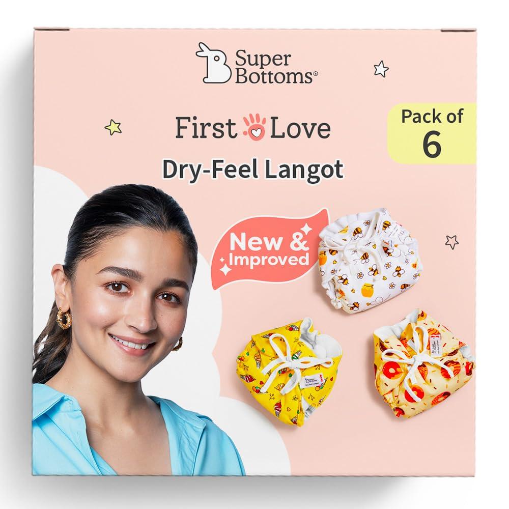 SuperBottoms DryFeel Baby Langot 0-6 months l Organic Cotton Modern Baby Nappy l Mess-free Langot with Gentle Elastics l Super DryFeel Top Layer l Diaper-free Time Essential | 6 Pack
