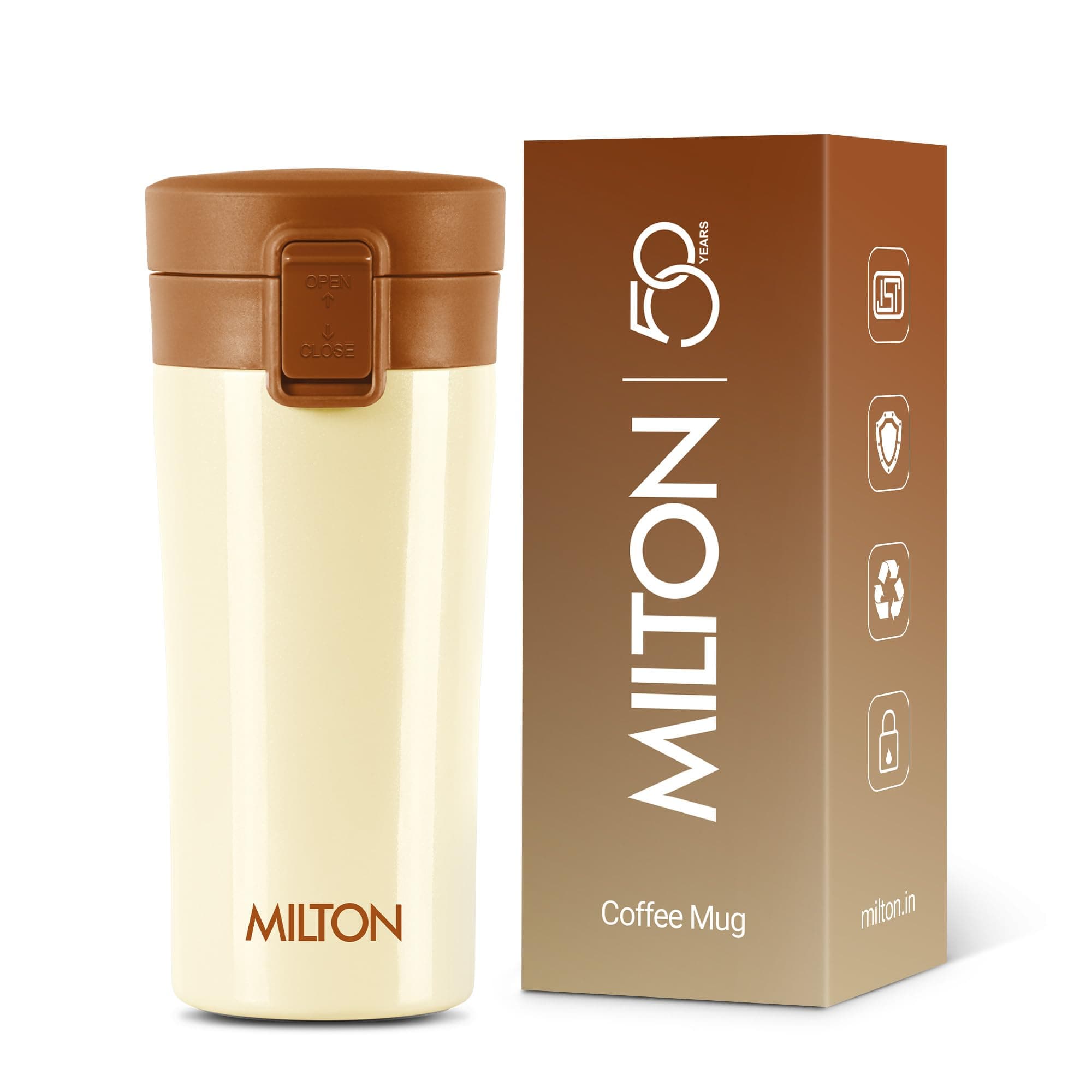 MILTON Thermosteel Vacuum Insulated Stainless Steel Coffee Mug Travel with Strainer, ISI Certified, Hot & Cold, Anti Skid Bottom, Spill Proof and Rustproof, 350 ml, Ivory
