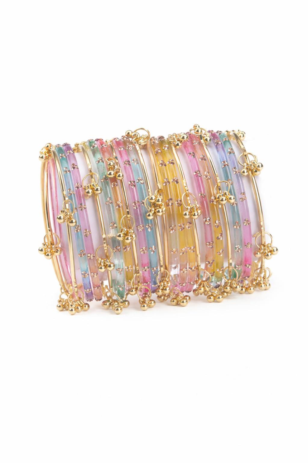 CelebrationDoor Kashmiri Multicolor Pastel Charm Bangles Set for Women & Girls | Gold Plated Stylish Kada Set with Hanging Beads | Ethnic & Daily Wear (2.6, 5, Centimeters)
