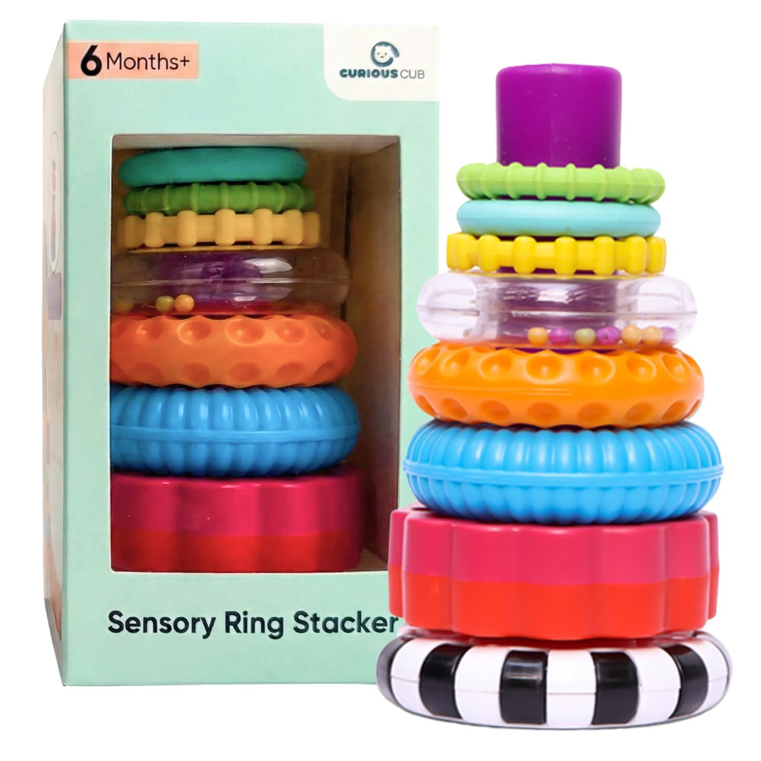 Curious Cub Stacking Ring with 7 Sensory Rings, Toys for 6+ Month Old Baby