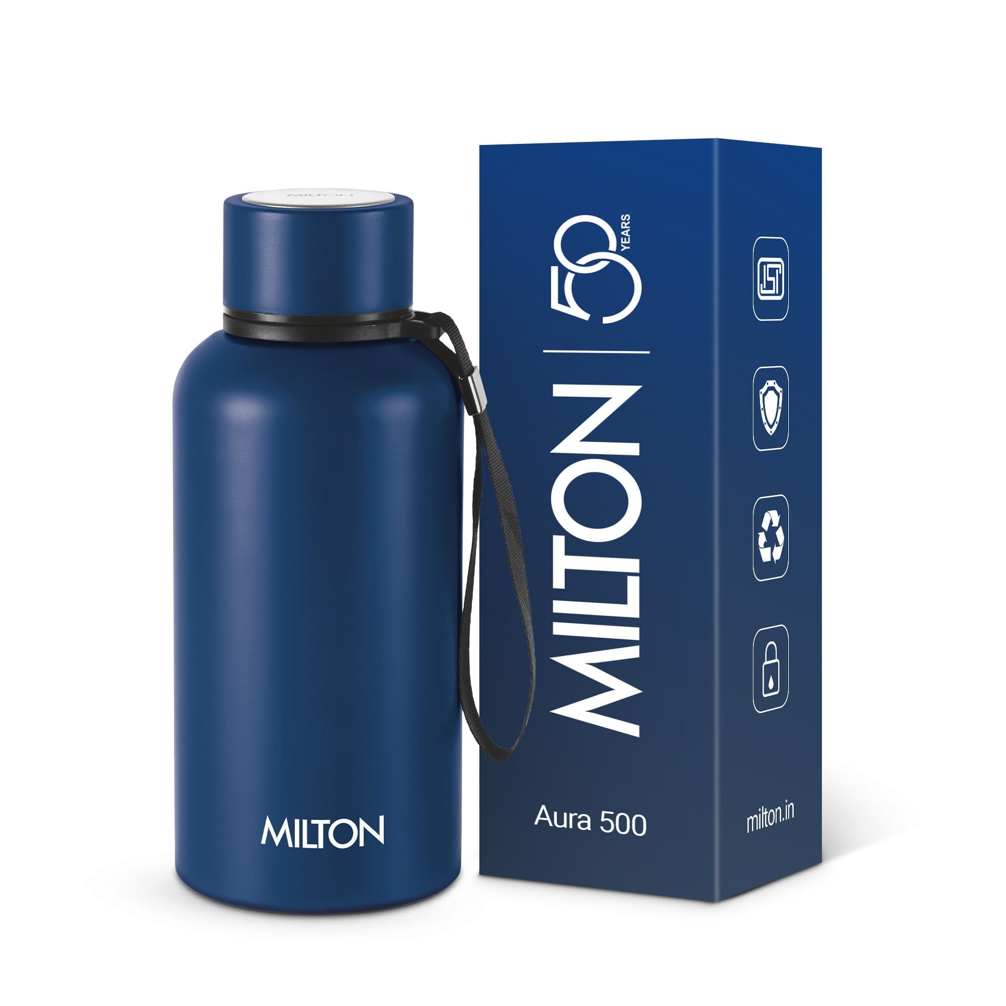 Milton Aura 500 Thermosteel Water Bottle 500 ml, 24 Hr Hot and Cold I Leak Proof Lid, ISI Certified I Vacuum Insulated I for Office, Gym, School I Dark Blue