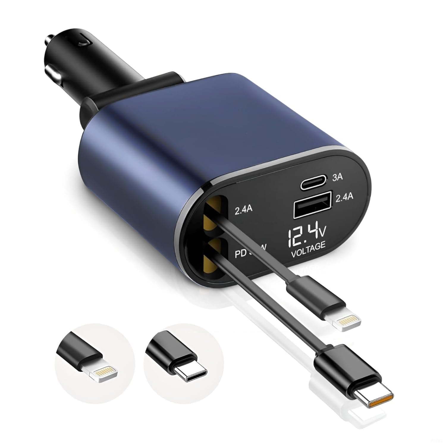GadgetBite VOLT Car Charger 120 Watt 4 in 1 Charger with Retractable Cables & Dual Ports Type C cable and Lightning cable Super Fast Charger Compatible With iPhone 17 to 11 Pro Max Android iPad - Blue