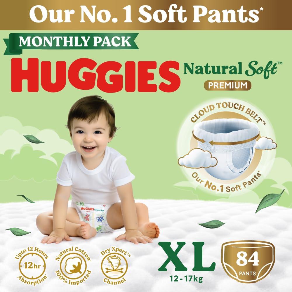 Huggies Natural Soft Premium Baby Diaper Pants, Our No.1 Soft Pants, Extra Large (XL) Size (12-17 Kgs), Monthly Pack of 84 diapers | Cloud Softness All over with India's 1st Cloud Touch BeltTM (42 Count, Pack of 2)