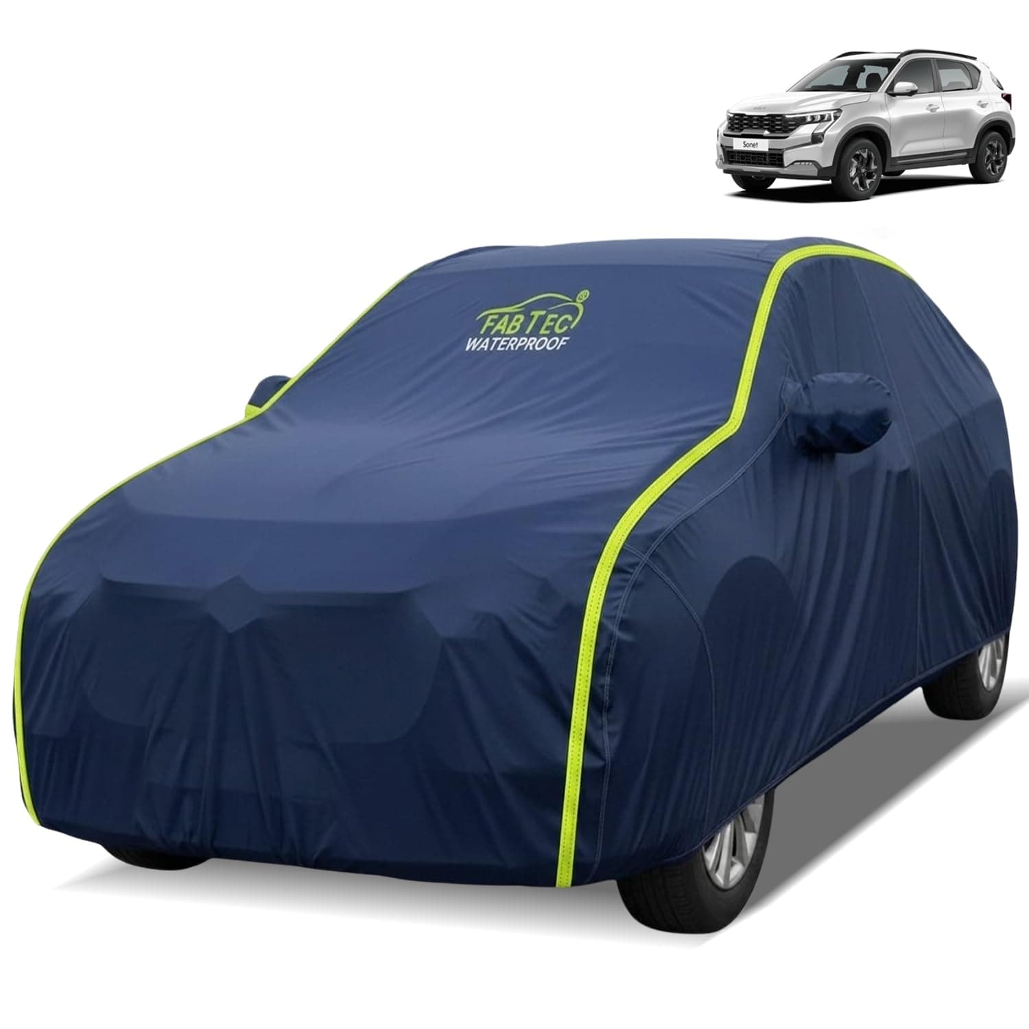 FABTEC Waterproof Car Body Cover for Kia Sonet Outdoor/Indoor All Weather Protection with Mirror Pocket Triple Stitched (Premium Navy Blue with Neon Piping)