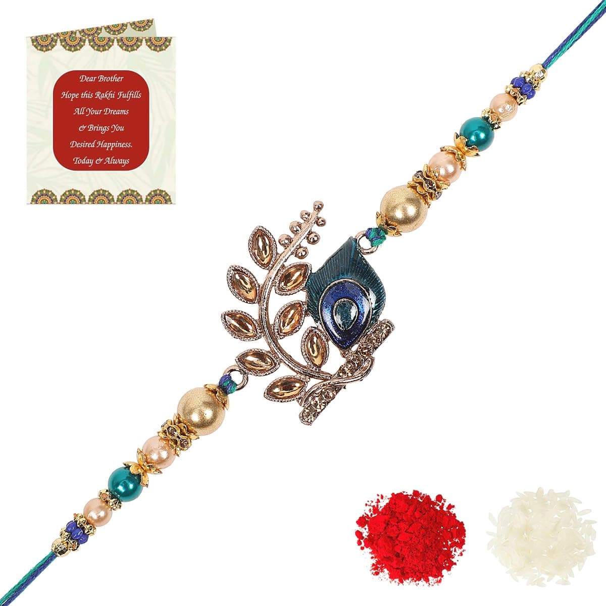 Riddhika Ventures Glorious Gold Plated Auspicious Diamond Ring Rakhi with Roli Chawal and Greeting Card (K3)