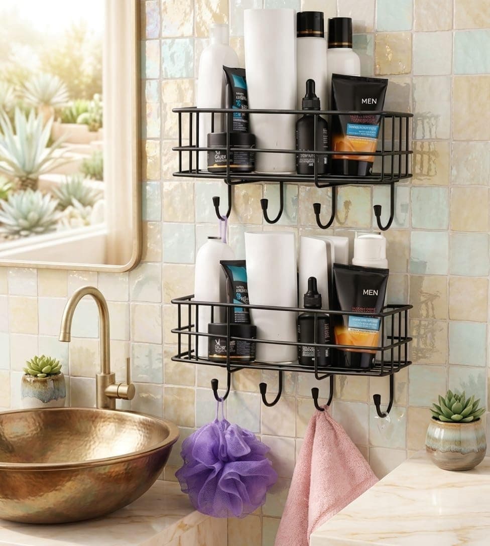 RERANT Self-Adhesive Bathroom Shelf with Hooks - Space-Saving Wall Mounted Shelf for Bathroom Essentials - Durable, No-Drill Required - Sleek Design. (Pack of 2)