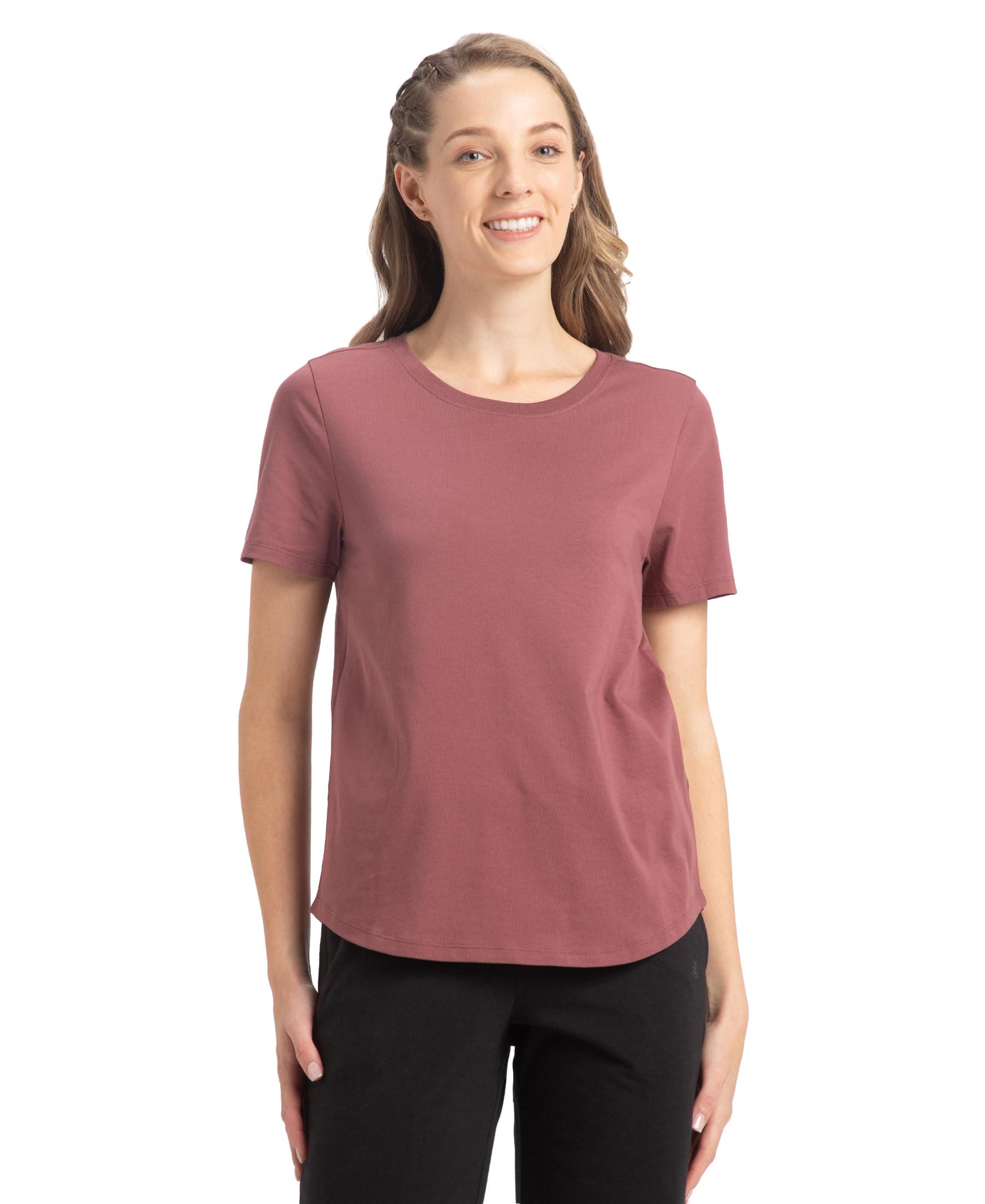 Jockey AW88 Women's Super Combed Cotton Rich Relaxed Fit Solid Curved Hem Styled Half Sleeve T-Shirt_Wild Ginger_M