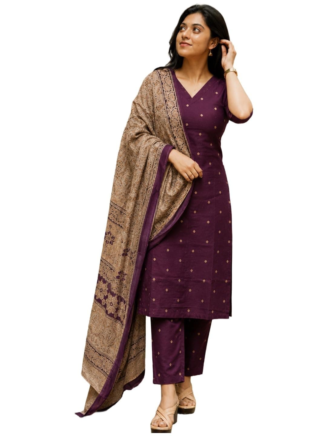 GoSriKi Women's Rayon Viscose Straight Printed Kurta with Pant & Dupatta (AHANKAR Wine-GS-FBA_XXL_Wine_XX-Large)