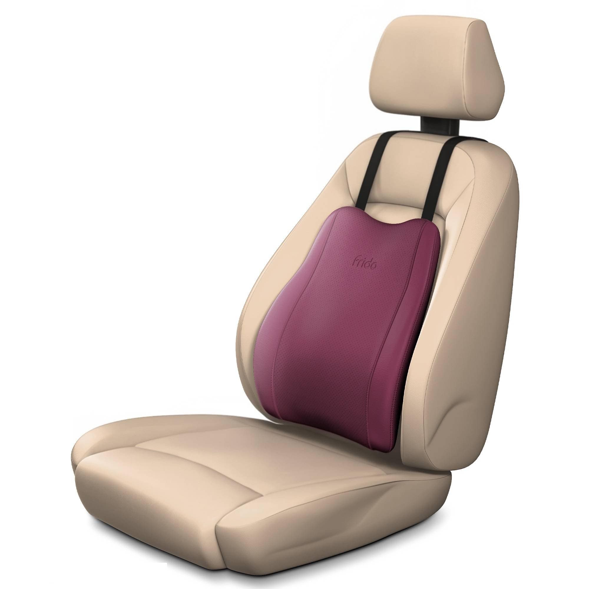 Frido Premium Car Back Rest Cushion with Lumbar Support Pillow for Driving, Hi-Per Memory Foam Back Support and Luxe Leatherette Cover, Relieves Back Pain and Improves Posture for Long Drives | Maroon