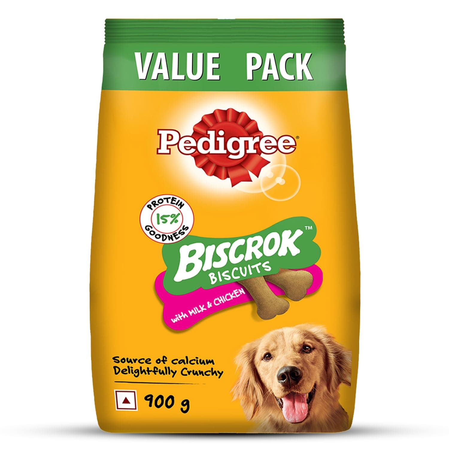 Pedigree Biscrok Biscuits (Above 4 Months) Dog Treats, Chicken with Milk Flavour, 900 g, Source of Calcium, Goodness of 15% Protein