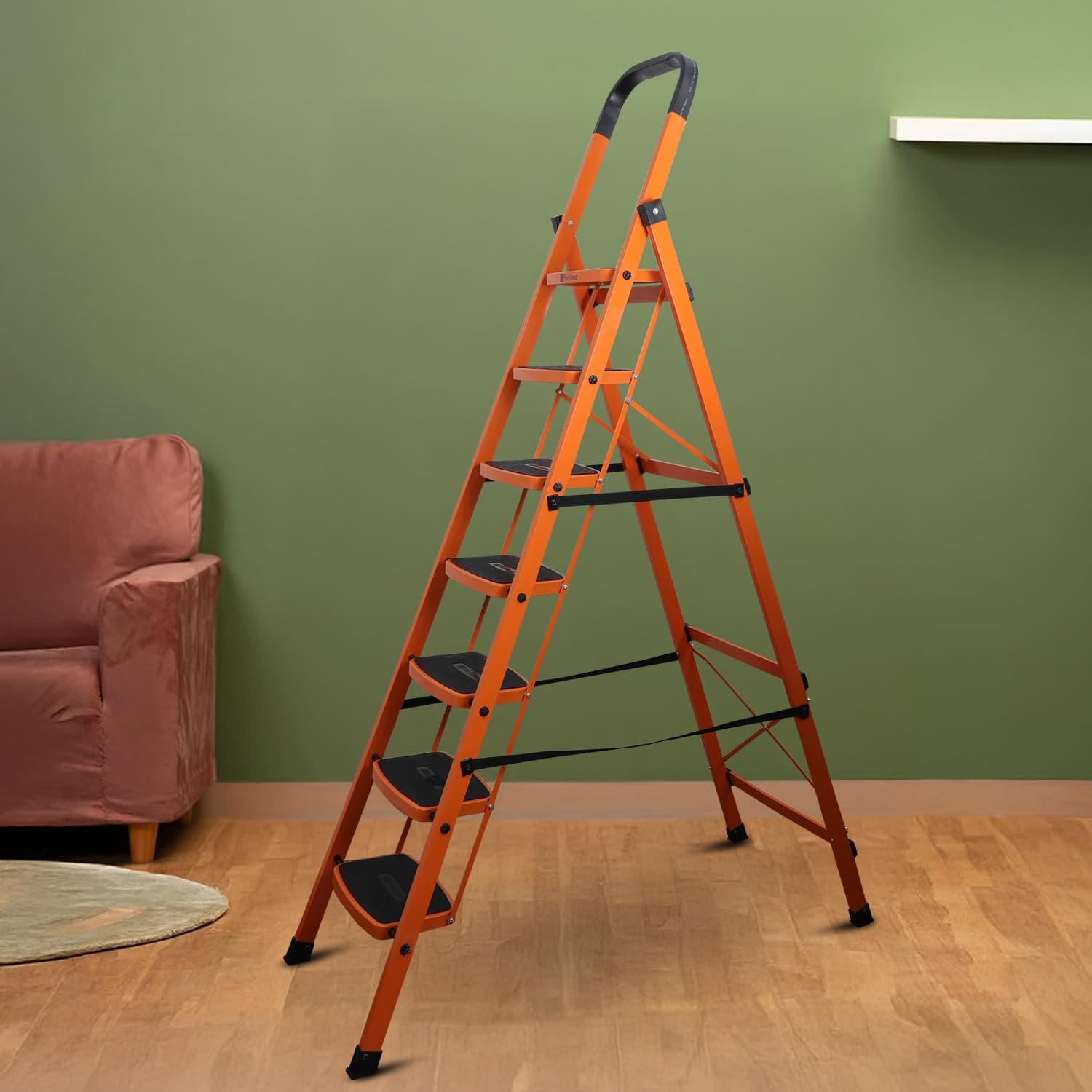 BonKaso Climb Steady Premium Alloy Steel Heavy Duty Multipurpose Foldable 7 Step Ladder with Connecting Frame & Belt Support, Load Capacity Upto 120kg | for Home and Outdoor - (Orange)